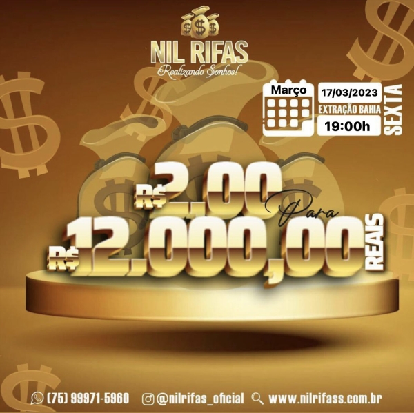 RIFA DE MILHAR: $2.00 Para $12mil. Sorteio 17/03 às 19horas 