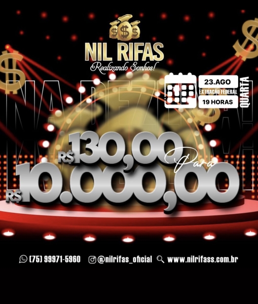 RIFA DE DEZENA: $130 PARA 10 MIL. SORTEIO FEDERAL 23/08 ÀS 19HORAS.