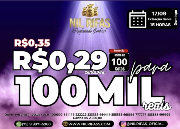 Domingão da sorte! R$ 0,35 centavos para 100.000,00 Mil Reais 