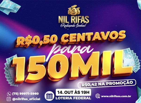 $0,50 Para $150.000.00. Promo: 100 Cotas $42,00. Sorteio  14/10  Loteria federal.
