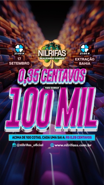 .Terça premiada com 100.000,00 mil reais! Apenas $ 0,35 Centavos.