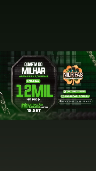 Federal Milhar da Sorte com 12 MIL REAIS NO PIX. APENAS $ 2.00 REAIS.