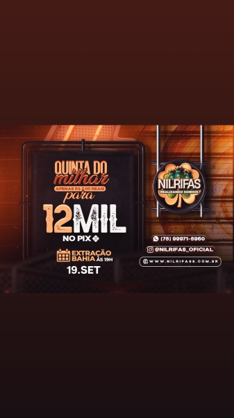 Milhar da sorte com 12 MIL REAIS NO PIX. APENAS $ 2.00 REAIS.