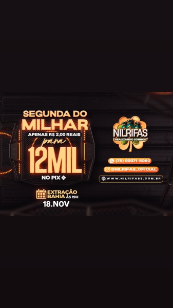 Milhar da sorte com 12 MIL REAIS NO PIX. APENAS $ 2.00 REAIS.