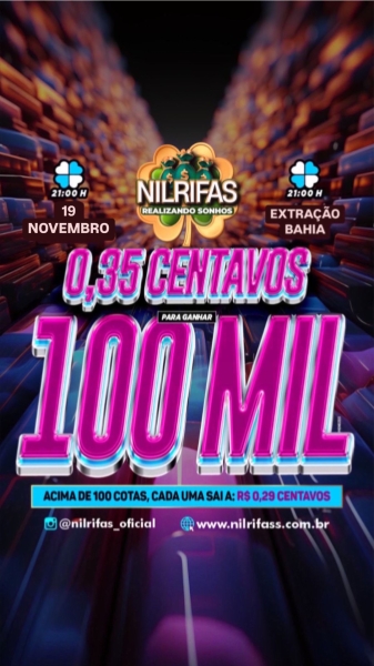 .Terça premiada com 100.000,00 mil reais! Apenas $ 0,35 Centavos.