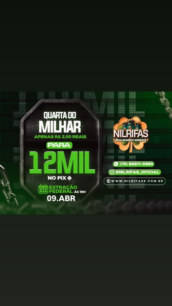 Federal Milhar da Sorte com 12 MIL REAIS NO PIX. APENAS $ 2.00 REAIS.